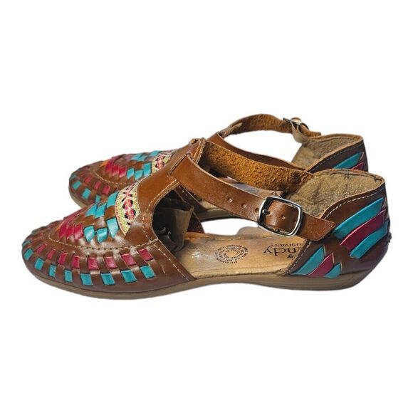 Sandy Exclusivas Womens SZ 7.5 Leather and Rainbow Fabric Mexican Shoes Flaw - Picture 3 of 8